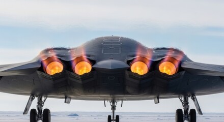 Military stealth bomber aircraft is seen from behind with hot jet engines. Air force plane takeoff at high speed.