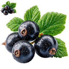 Fresh raw blackcurrant fruit with leaves for healthy eating concept  isolated on transparent background