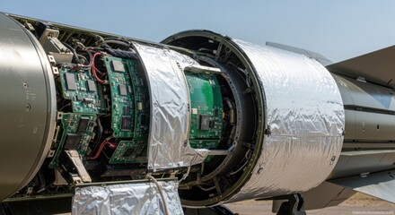 Close-up of green circuit boards inside an advanced missile. High-tech defense technology with wiring and components for military concept.