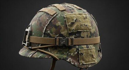 Army military helmet in camouflage pattern with an elastic belt and rough patches for war concept background.