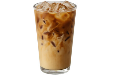 Cold brew coffee rotating inside clear glass, garnished with frosty ice cubes, highlighting chilled summer drink against clean backdrop