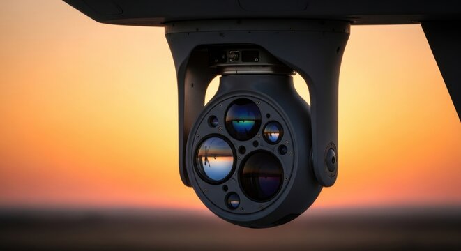 Advanced drone camera system for surveillance against a sunset sky. Modern aerial photography device for security. - Powered by Adobe