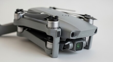 Gray drone with propellers and camera. Modern uncrewed aerial vehicle technology for aerial photography and video shooting concepts.