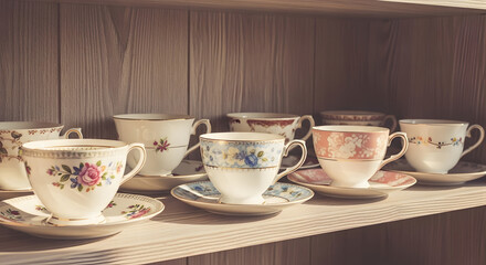 Fototapeta premium A collection of vintage teacups and saucers displayed on a wooden shelf.