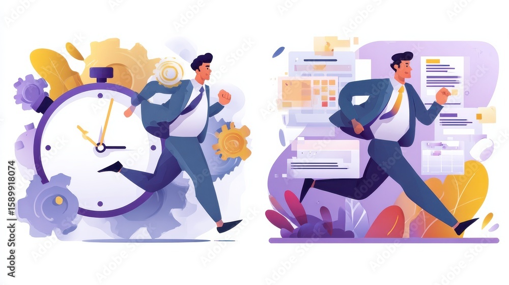 Poster employee performance and self-organization abstract concept vector illustration set. self and time m
