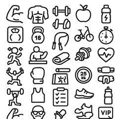 Fitness and workout icons set vector illustration for gym training and healthy lifestyle concept art design