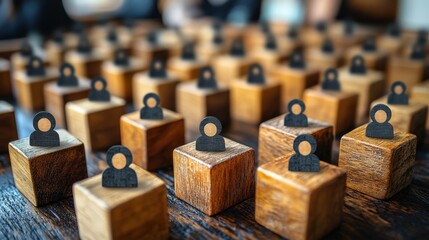 Obraz premium Business deal and collaboration on internet. Top view of many wood cubes with people icons. Business concept