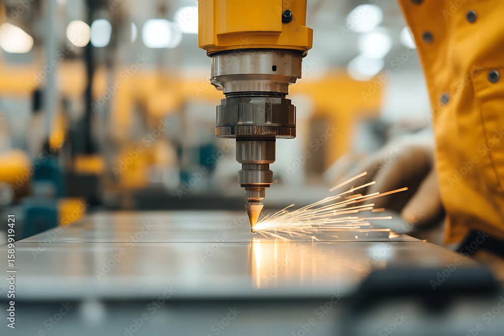 Poster metal cutting robot in action: sparks flying as robotic arm cuts through metal. industrial automatio