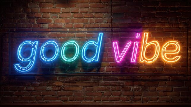 A neon sign that says good vibe on a brick wall - Powered by Adobe