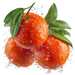 Fresh tangerines with leaves and water droplets citrus fruit food  isolated on transparent background