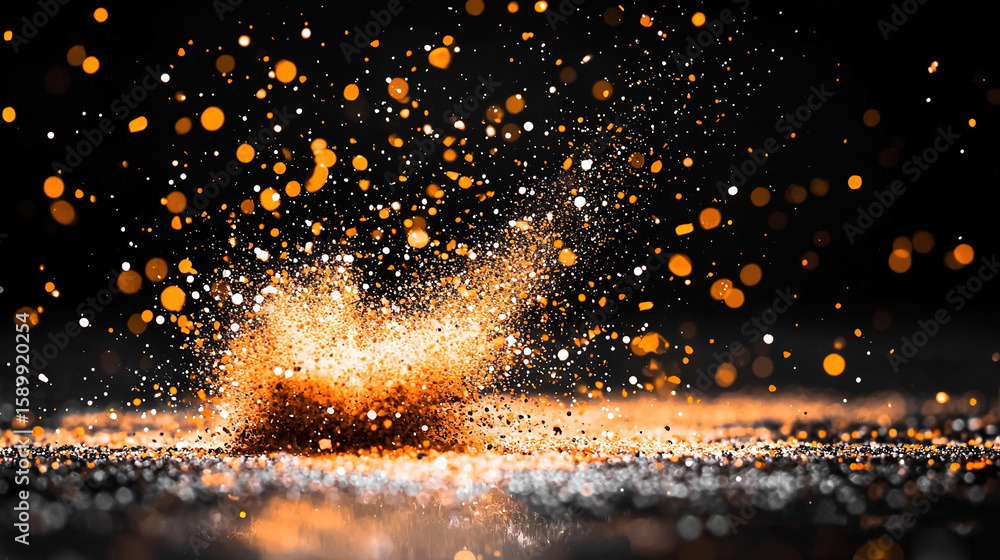 Poster close-up of an orange and white object on a black background, with a slight dust particle emanating 