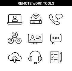 Set of remote work tools outline icons with laptop, wifi router, phone, chat bubble, team network, video call, cloud upload, support headset, and checklist