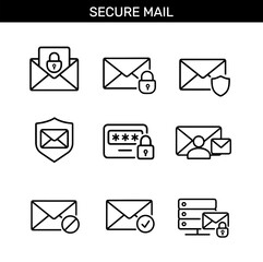 Set of black outline icons representing secure email communication, encryption, protection, verified message, and data security