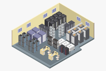 Network server room with row of computer equipments isometric