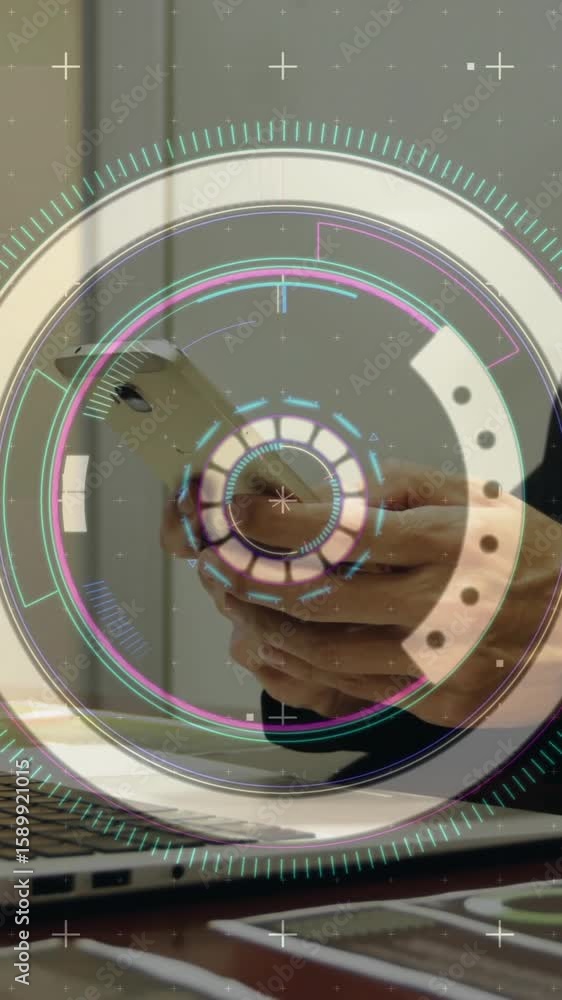 Poster animation of data processing and scope scanning over caucasian woman using smartphone