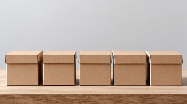 Five light brown cardboard boxes lined up on a light wooden surface against a light gray background