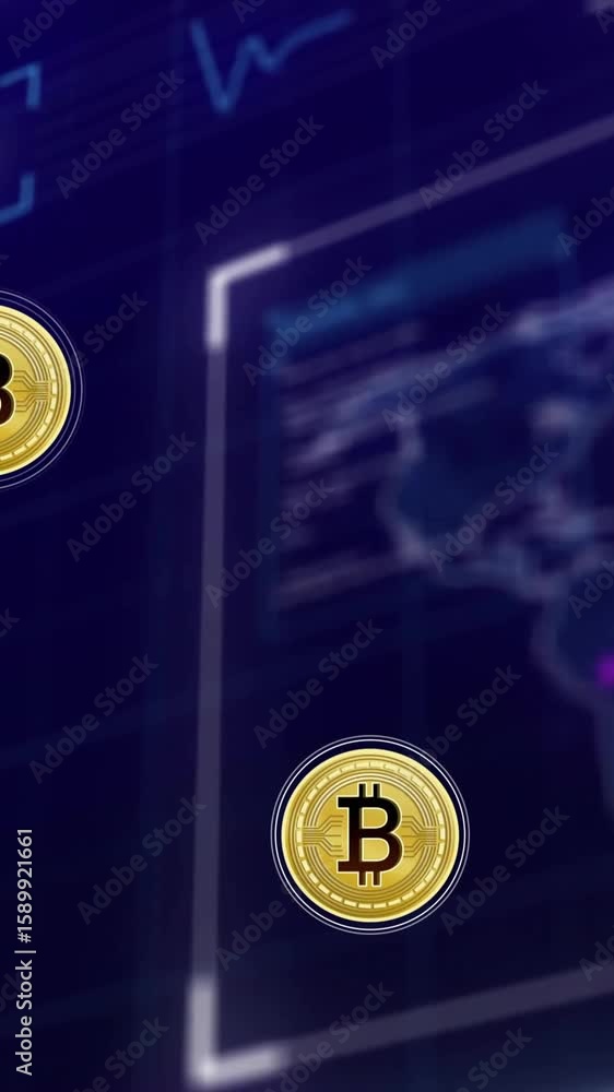 Poster animation of data processing and world map over bitcoins