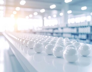 Obraz premium White spheres on conveyor belt in factory