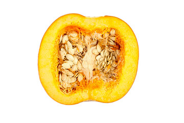 Cross-section of a ripe yellow pumpkin showcasing seeds and fibrous interior, highlighting natural textures and vibrant colors, perfect for culinary or seasonal themes