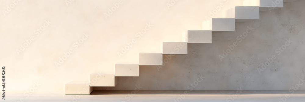 Poster ascending steps against a textured wall. simple, clean design with a sense of upward movement. minim