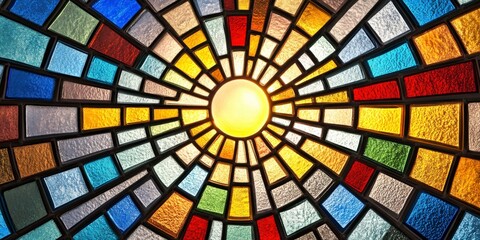 Radiant sunlight through colorful stained glass dome with dramatic symmetry