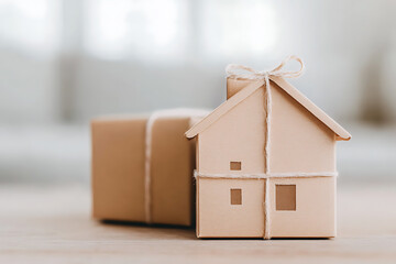 Cardboard house and moving box on wooden table. Conceptual image for real estate, moving, or home ownership. Home sweet home.