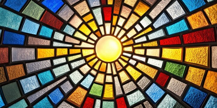 Radiant sunlight through colorful stained glass dome with dramatic symmetry - Powered by Adobe