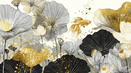 Luxury botanic and fish in line art style background. Watercolor wallpaper with gold, black, white shades of shiny sun, lotus leaves and siamese fighting fish. Sketch vector for prints and wall arts.