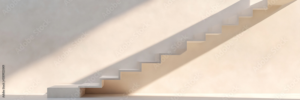 Poster minimalist steps ascending a light-bathed wall, evoking serenity and architectural elegance. a simpl