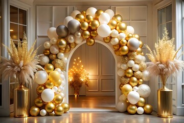 A grand entrance adorned with a luxurious balloon arch in gold and white, complemented by decorative floral arrangements