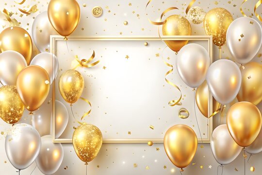 Elegant gold and silver balloons frame a blank golden border, perfect for a sophisticated celebration or announcement - Powered by Adobe