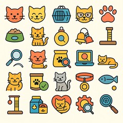 Cat care essentials vector icons set pet supplies and accessories collection flat design illustration