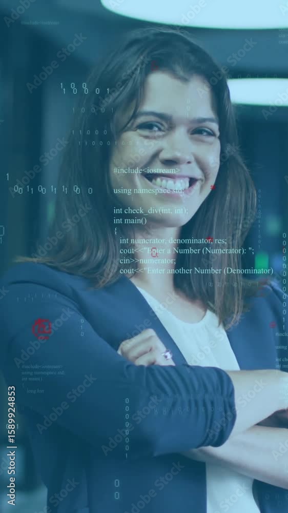 Poster smiling woman with crossed arms over programming code animation in office environment