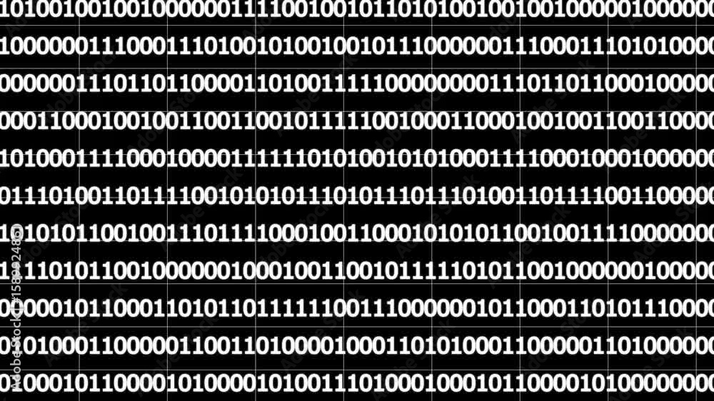 Poster white digital binary symbols animation on black background.
