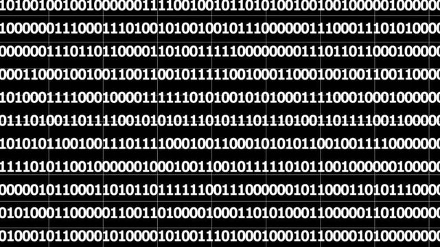 White digital binary symbols animation on black background.