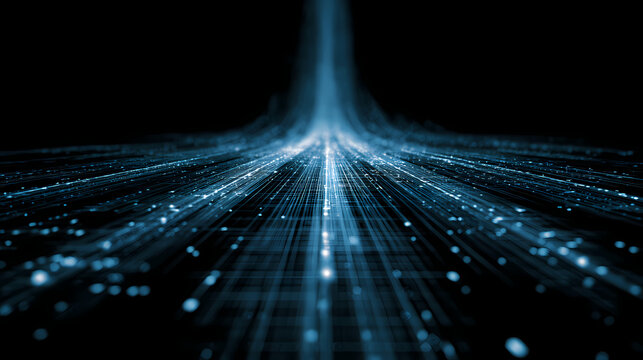 Blue digital data stream with waveform and grid lines converging to a central light source point. data stream. Illustration
