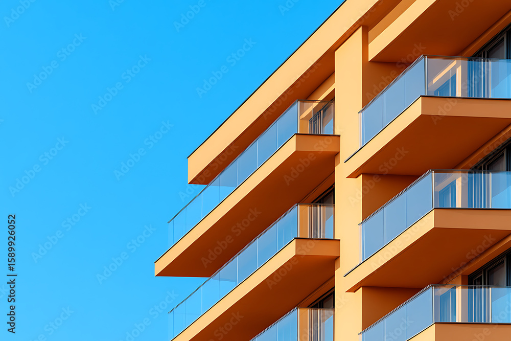 Poster modern building facade: angular architecture featuring balconies with glass railings against a clear