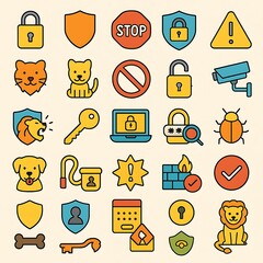 Security icons vector set illustration protection safety lock shield warning animal security camera key