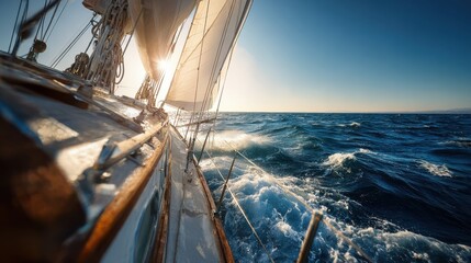 vacation, travel, cruise and leisure concept - close up of sailboat mast or yacht sailing on sea, no logos, no brands