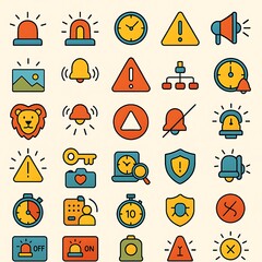 Vector icon set notification alarm security alert warning safety time clock bell attention system design ui