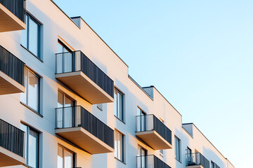 Obraz premium Modern apartment building with balconies against a blue sky. Sleek design and architectural details create a contemporary urban living space.