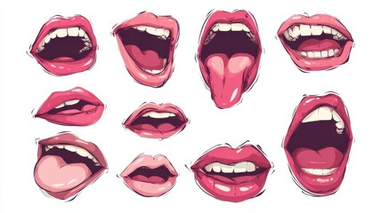 Cartoon talking mouth and lips expressions vector animations poses. Accent and pronunciation speak, tongue and articulate illustration, no logos, no brands