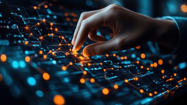 Business growth and data analysis with technology. Analyzing efficiency and productivity with data science. Analyst touching growth graph and arrow icon on network structure