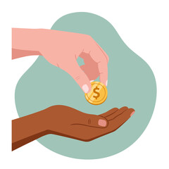 Hand placing a coin into an open palm, gentle mood, gesture of giving and charity, soft pastel background