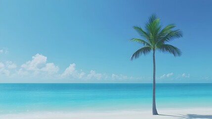 Fototapeta premium Serene Tropical Beach Scene, Palm Tree on White Sand and Turquoise Ocean