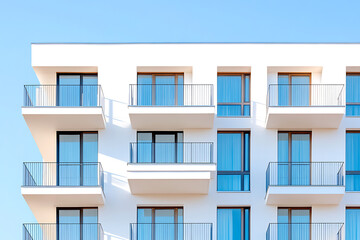 Fototapeta premium Modern architecture showcased through a building facade featuring sleek balconies and windows against a serene blue sky, highlighting contemporary design.