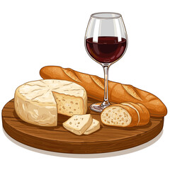 Cheese, wine glass, and sliced baguette vector illustration, warm palette, rustic table setting on white background
