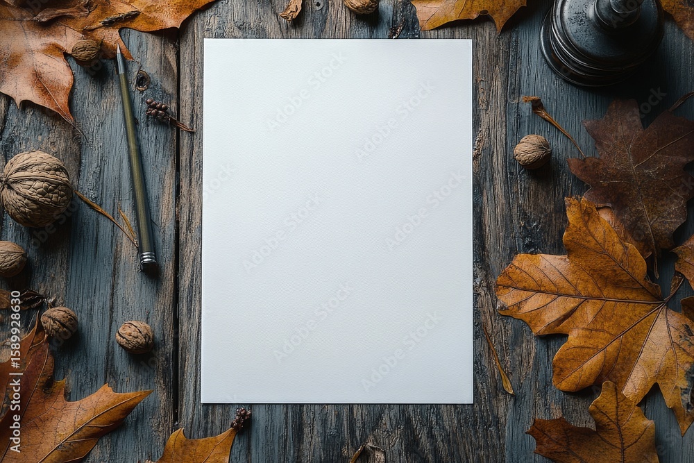 Poster creative workspace for autumn-themed projects with natural elements and empty paper.