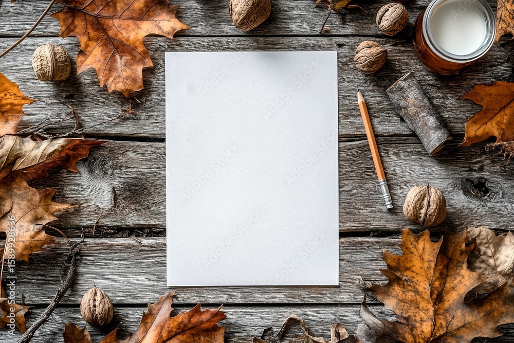 Poster creative workspace for autumn-themed projects with natural elements and empty paper
