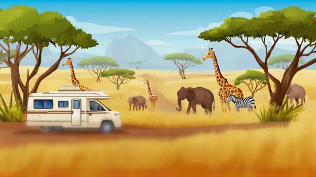 safari african animals wild vehicle caravan travel environment summer 3d render animation video